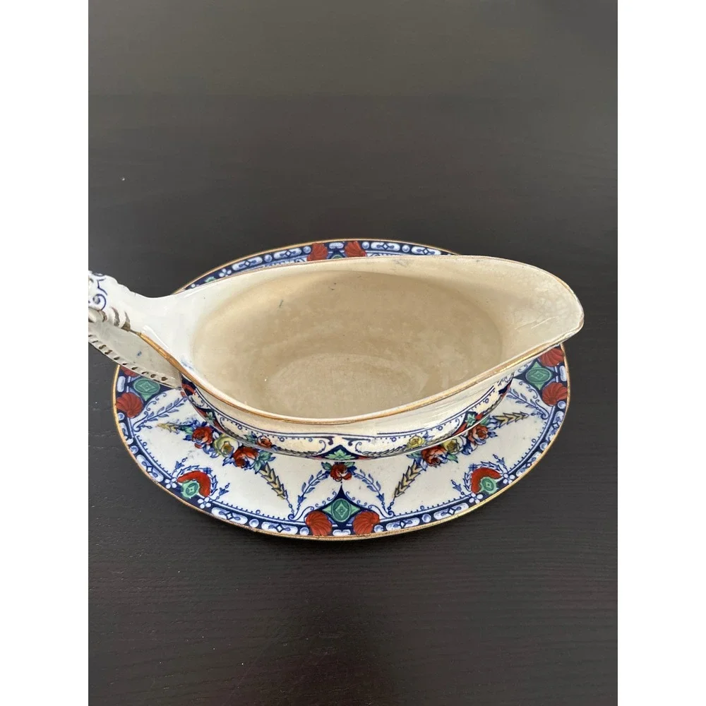 Barker Bros Merton Gravy Boat with Underplate Blue Floral Gold Trim England
